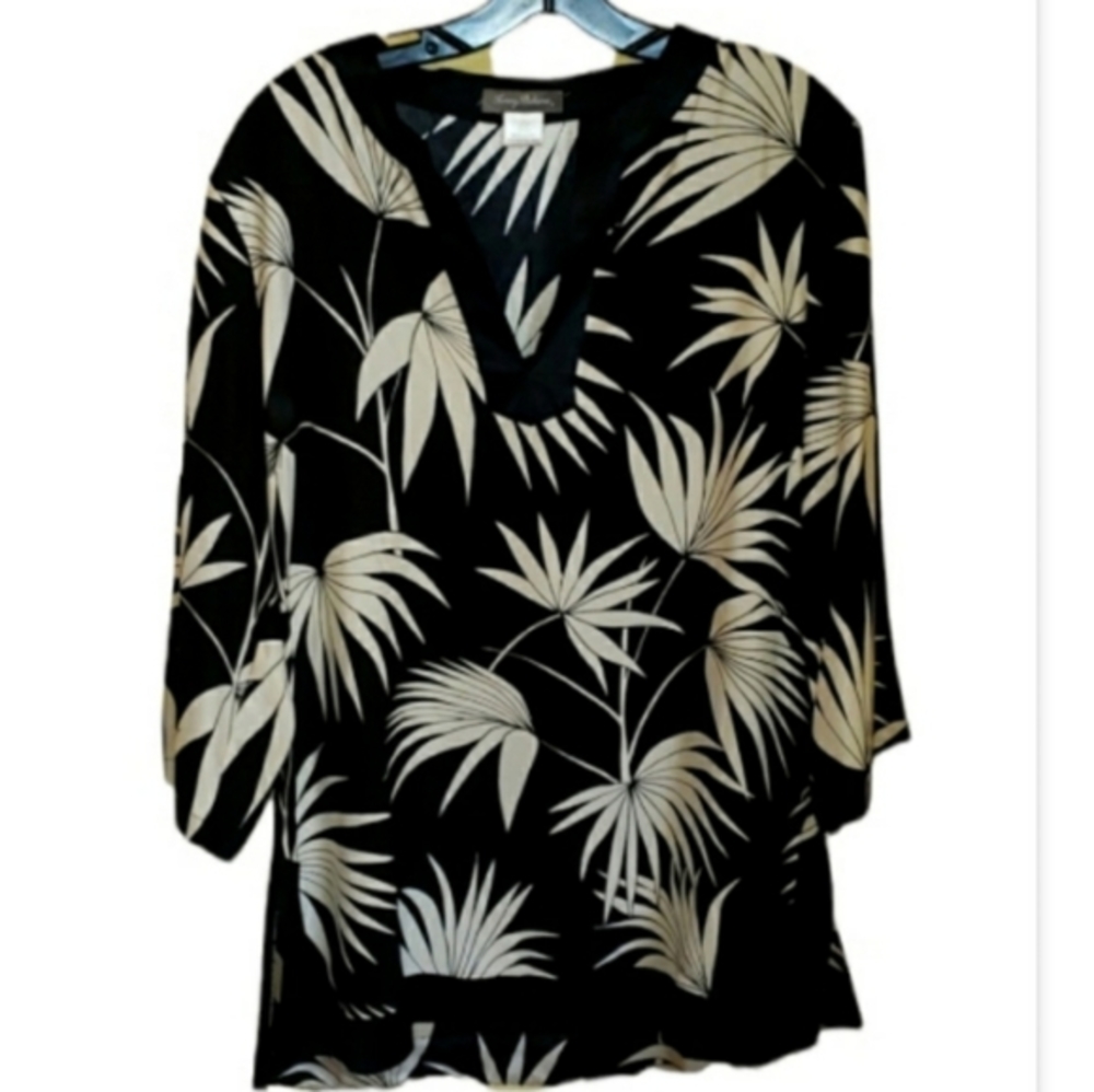 Tommy Bahama All Silk Black White Tunic Blouse L